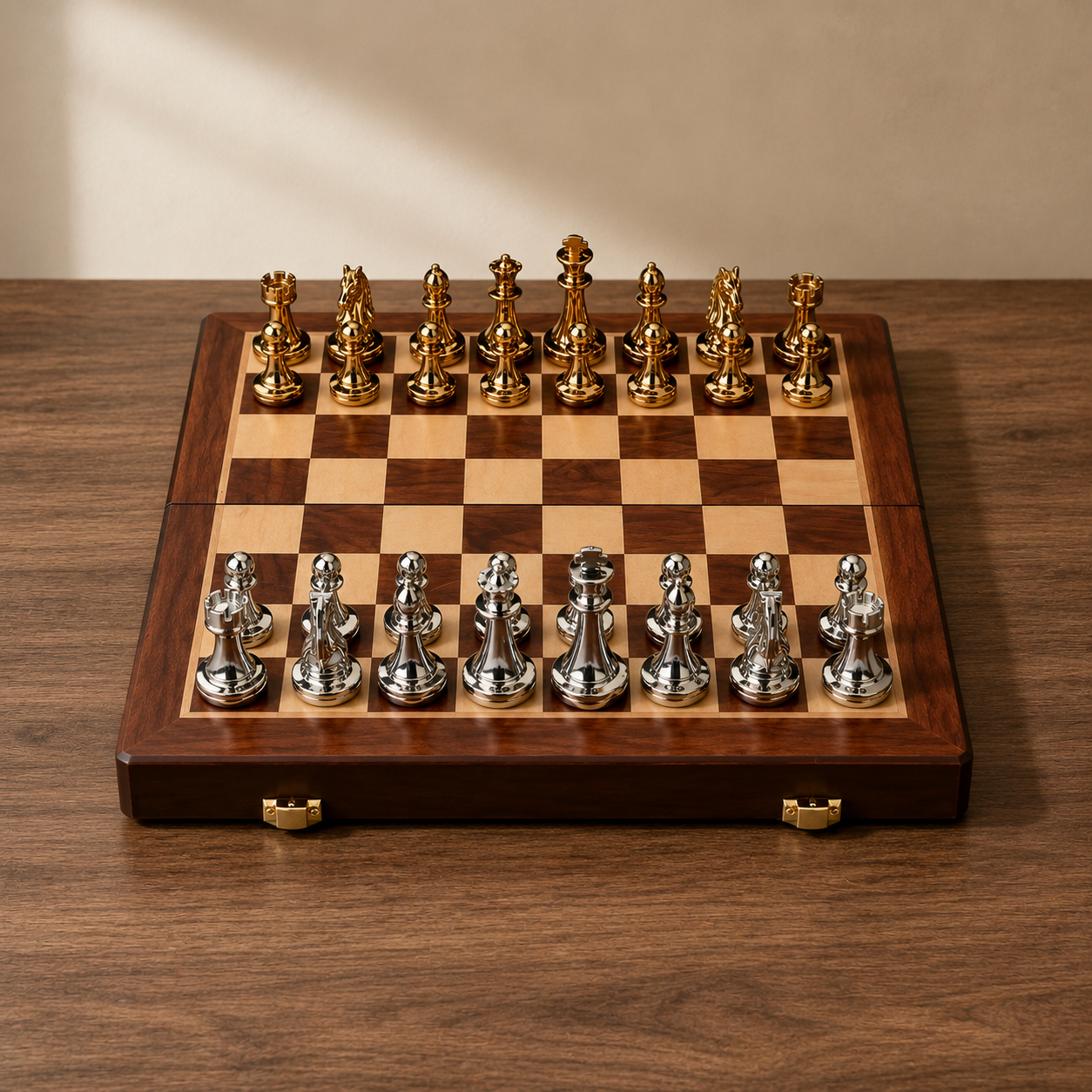 Schach-Set klappbar Holz Gold und Silber Bild