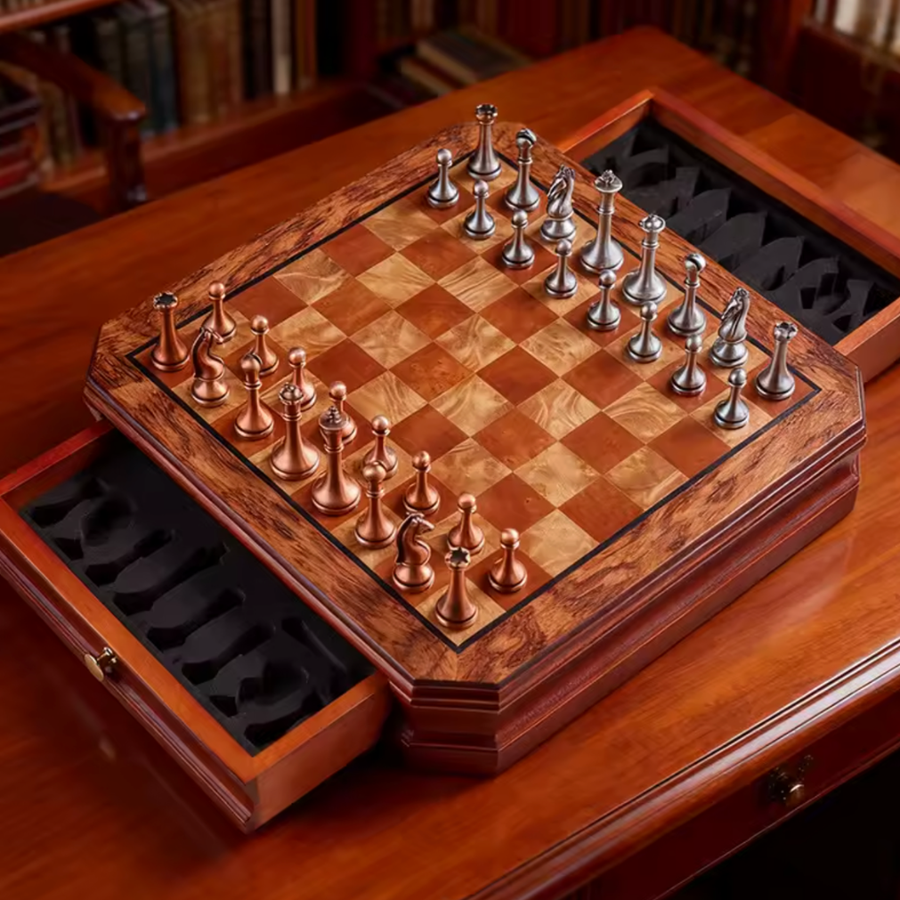 Schach-Set Kupfer Silber mit integrierter Schublade