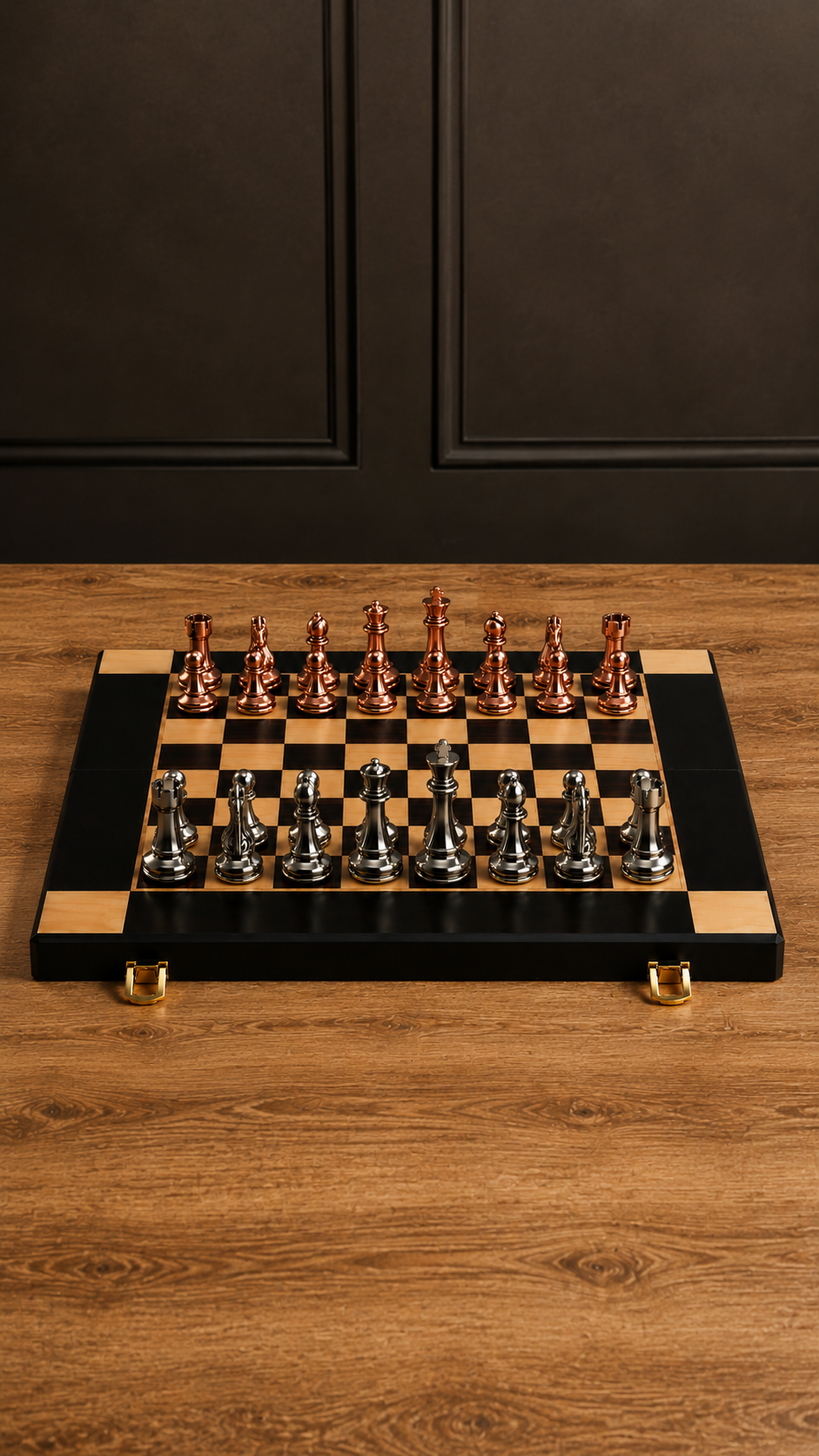 Schachbrett klappbar schwarz mit Metallfiguren