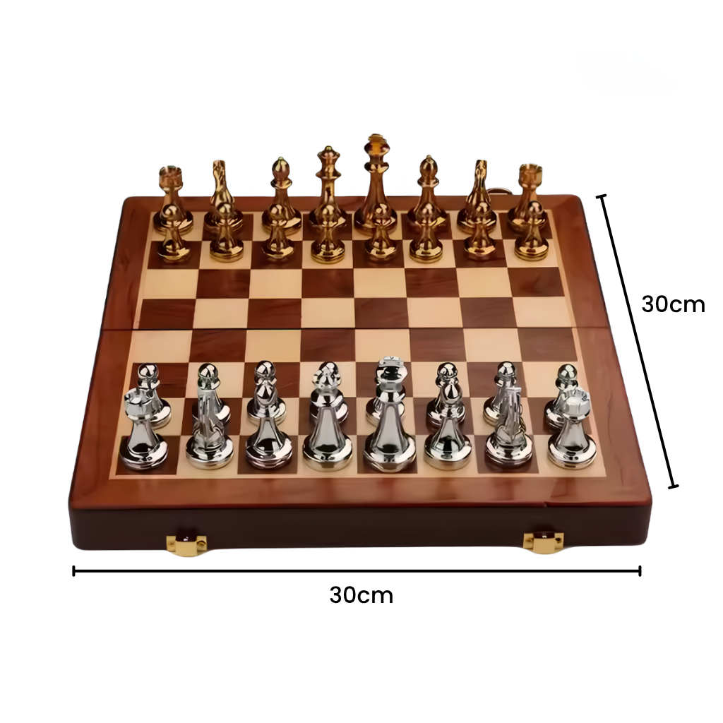 Schachspiel Holzbrett mit Zinkfiguren Gold Silber